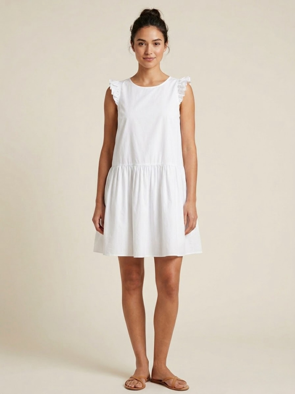 Maeve by Anthropologie White Ruffle Cap-Sleeve Drop-Waist Mini Dress